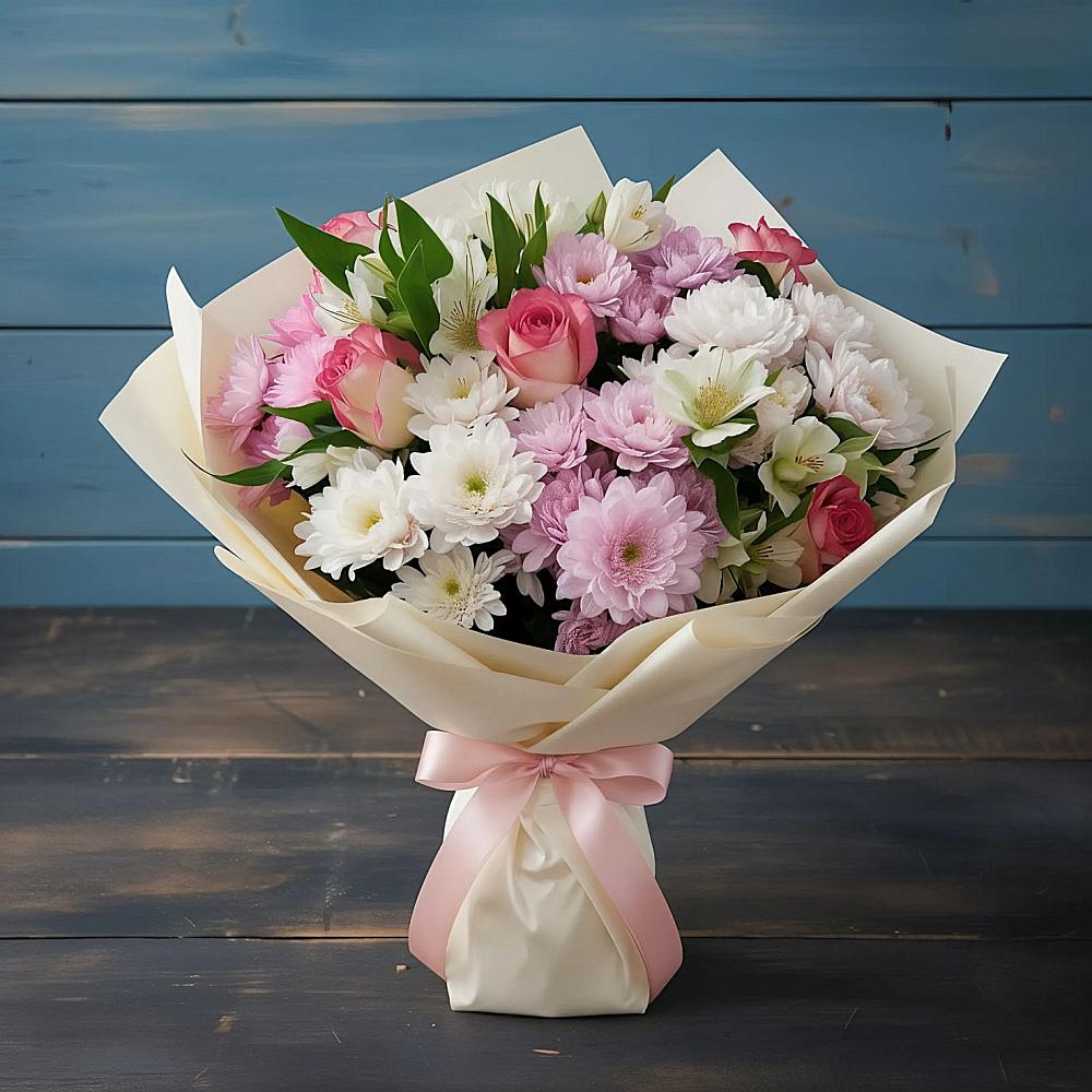 Букет цветов из: Хризантемы, Альстромерии и Розы в Цильне